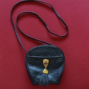 Navy Blue Geometric Leather Crossbody Bag with Gold Tassel Accent